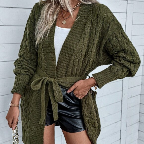 Army Green Casual Women's Solid Color Cable Knit V-Neck Cardigan - Picture 6 of 6